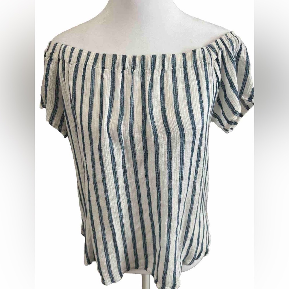 LaJu Los Angeles Blue + White  Striped Off The Shoulder Gauze Blouse Top XS